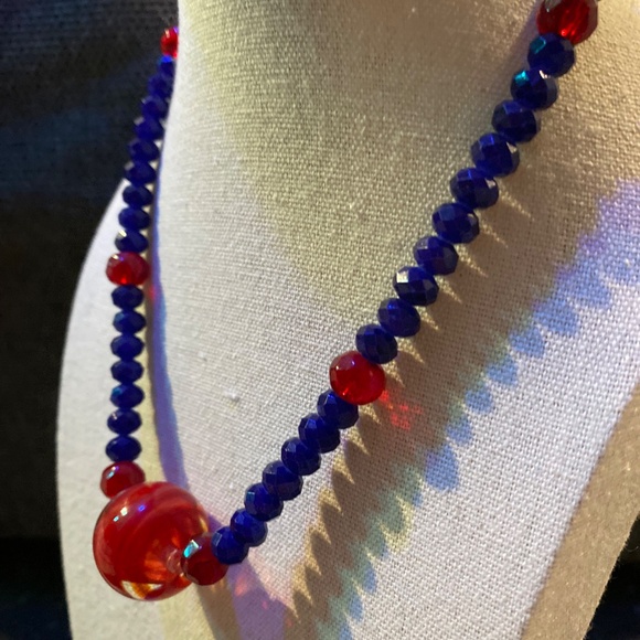 Faceted Blue and Ruby Red Glass Necklace with Large Art Glass Bead - Picture 4 of 5